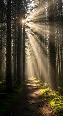 Fototapeta premium A forest path is bathed in the golden light of the sun, casting long beams through the tall trees, creating a serene atmosphere