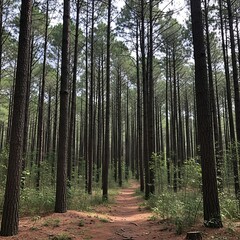 Fototapeta premium A forest path winds through tall, straight trees, creating a sense of depth and tranquility under a cloudy sky
