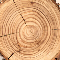 Close up of a tree trunk section with annual rings and cracks isolated