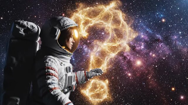 Astronaut in space with question mark nebula exploration and discovery concept