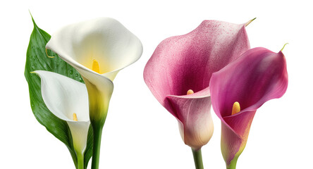 stunning photograph of contrasting white, pink, and magenta calla lilies with elegant spathes,...