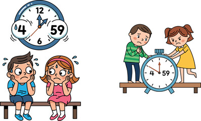 Cartoon kids with clock and stopwatch, time anxiety illustration, countdown and waiting concept, expressive children scene, vector urgency design, educational moment