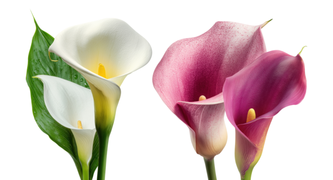 stunning photograph of contrasting white, pink, and magenta calla lilies with elegant spathes, isolated beautifully on a deep black backdrop.