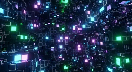 Obraz premium A futuristic abstract of a dense network of glowing, colorful cubes suspended in space, creating an immersive, technological feel