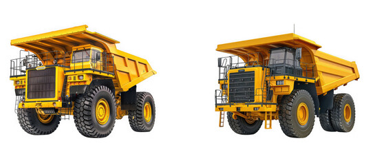 Two yellow mining dump trucks, isolated on transparent background