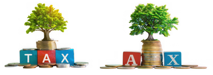 Trees growing on stacks of coins and tax blocks, isolated on transparent background