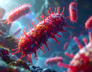 Close-up of several red, spiky microorganisms with a blurred background
