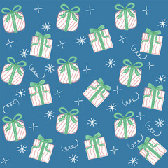 A festive pattern featuring colorful gift boxes with green ribbons on a blue background, adorned with stars and plus signs. Perfect for holiday or birthday designs.