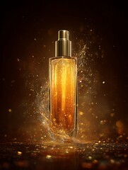 Naklejka premium golden elixir bottle glowing amid shimmering particles, cinematic skincare advertising style
