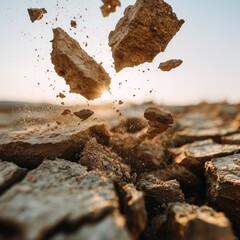 Fragments of Dry Cracked Earth Breaking Apart in Air