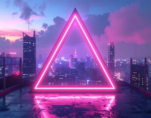 Illuminated pink neon triangle frames a city skyline at dusk