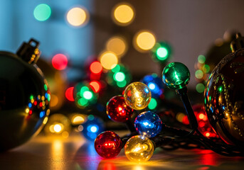Festive Glow: A close-up view of vibrant, colorful Christmas lights and decorative ornaments, emanating a warm, inviting glow that captures the festive spirit.