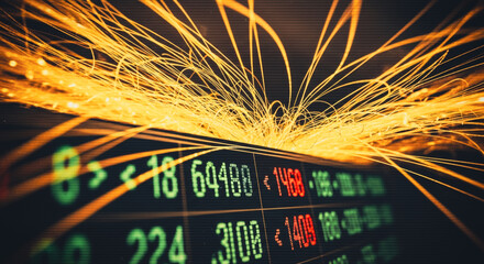 An abstract visual of financial data streams intertwining with an energized aesthetic, signifying growth, market activity, and economic transactions.