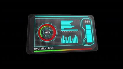 futuristic hydration dashboard showing water intake and electrolyte levels, neon holographic display with graphs and bottle icon, athlete in training monitoring fluid balance and sip counts - Powered by Adobe
