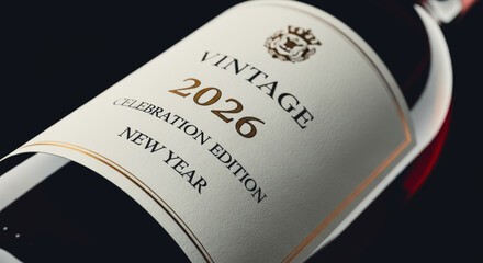 A close-up captures a luxury wine bottle with a distinctive label bearing the year 2026, ideal for a new year celebration. Perfect for any special occasion.