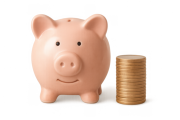 Piggy bank saving money, accumulating coin stacks for retirement planning, wealth growth and investment concepts on transparent background