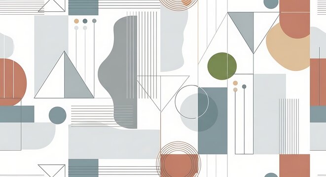A geometric composition featuring varied shapes (circles, squares, triangles) and linear elements, in muted, earthy tones against a white backdrop