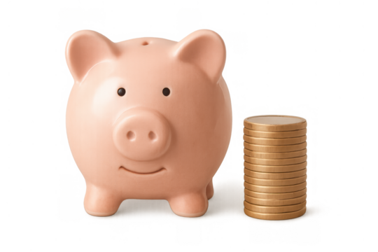 Piggy bank saving money, accumulating coin stacks for retirement planning, wealth growth and investment concepts on transparent background - Powered by Adobe