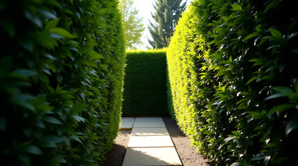 Lush green hedge maze pathway with stone tiles, illuminated by bright sunlight in a formal garden setting.