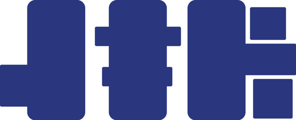 Abstract blue geometric shapes representing industrial components Three abstract blue geometric forms, resembling industrial pipes or connectors, are arranged in a linear fashion against a white 