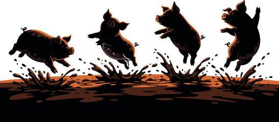 Cartoon pigs jumping into muddy puddle, playful animal vector illustration for decor, logo, editorial, kids design, and nature-themed artwork