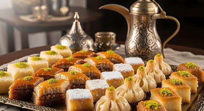 Tray of mixed Middle Eastern sweets &mdash; baklava, basbousa, qatayef &mdash; with Arabic coffee pot in background. 8K HDR detail of festive dessert spread.