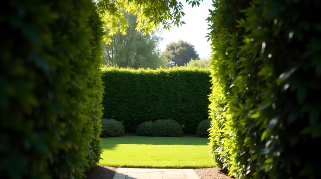 A manicured garden with a lush green lawn, framed by trimmed hedges and dappled sunlight. - Powered by Adobe