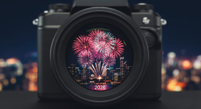 Capturing the vibrant essence of New Year's Eve: a close-up perspective of a camera lens framing a dazzling firework display over the city, and the year 2026.
