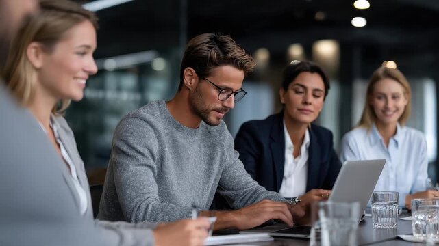 Group of business partners engaged in a collaborative meeting in a modern office environment during the afternoon hours