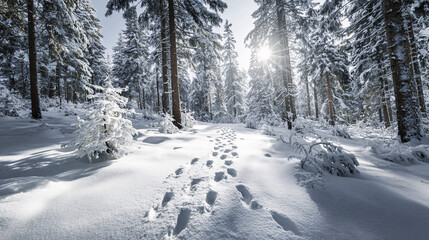 Obraz premium Christmas forest with reindeer footprints in snow 