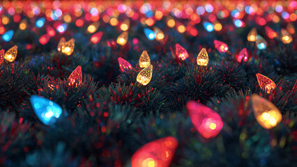 Close-up of vibrant, multicolored Christmas lights embedded in dark green festive garland with a blurry bokeh background, creating a festive and warm atmosphere.