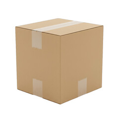 A Closed Cardboard Box with Transparent Tape Sealing the Edges Against a Black Background with a Subtle Shadow Showing Texture and Depth