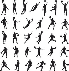Basketball player silhouette poses, dynamic sports movement, dribbling shooting dunking actions, athletic icon set, flat vector illustration