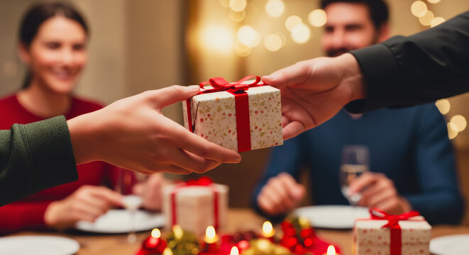 An intimate moment of gift-giving during a festive gathering, with a close-up of a hand presenting a beautifully wrapped present. The warm.