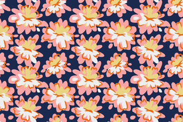 Seamless vector pattern with abstract pink and white flowers outlined in orange on a dark navy background. Vibrant modern floral design for fabric, stationery, and decor