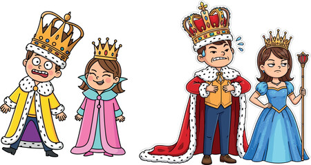 Cartoon royal couples with contrasting emotions, cheerful vs stern king and queen illustration, fantasy monarchy concept, vector character design, humorous royalty scene