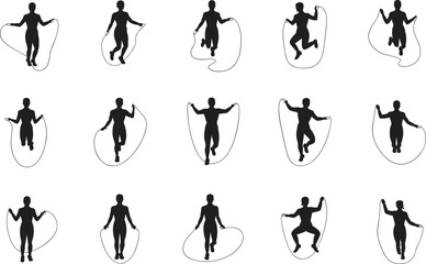 Jump rope workout silhouette poses, athletic training movement, fitness exercise vector set, dynamic sports activity icons, flat vector illustration