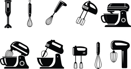Kitchen mixer icons, whisk tools, hand blender, stand mixer, culinary appliance set, cooking equipment symbols, black silhouette, flat vector illustration