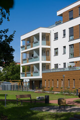 Modern apartment building with a landscaped inner courtyard