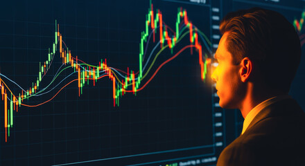 A focused business analyst meticulously examines the dynamic fluctuations of the stock market, surrounded by the glow of data analysis, representing market trends and financial strategy.