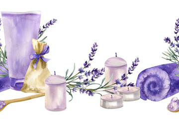 Spa body and skin care seamless border with watercolor lavender flowers, cream tube, herb sachet bag, candles and bath salt illustration. Women wellness set with hygiene objects for packing design.