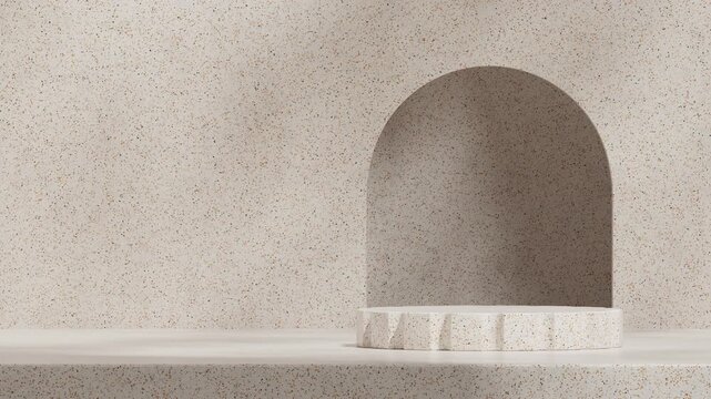 natural terrazzo podium seamless loop shadow animation with arch hole on the wall, 3d render footage empty scene