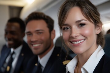 Young female caucasian flight attendant smiling with colleagues on airplane