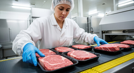 Woman worker in white coat and gloves handles raw beef steaks on a conveyor belt in a food processing plant