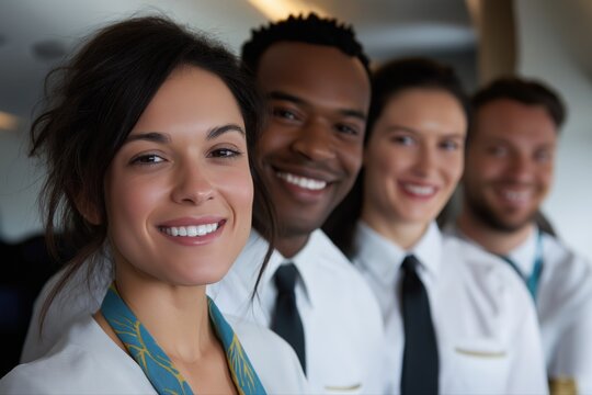 Smiling airline crew with diverse team of young adults in uniform