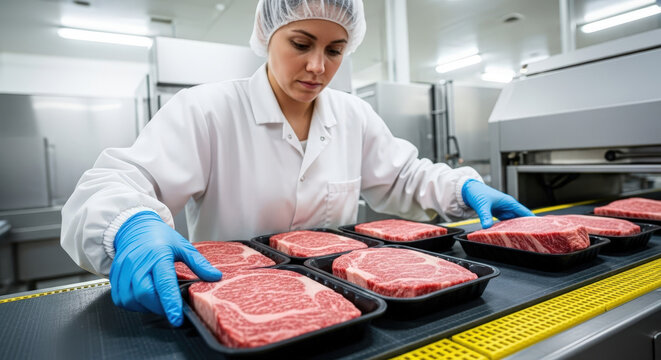 Woman worker in white coat and gloves handles raw beef steaks on a conveyor belt in a food processing plant