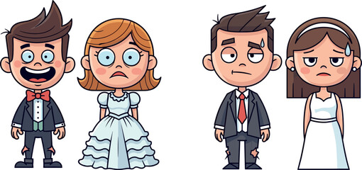 Cartoon wedding couples, happy vs stressed bride and groom illustration, expectation vs reality concept, humorous marriage scene, vector emotional contrast design