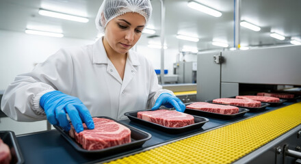 Woman worker wearing protective gear inspecting raw meat steaks on a conveyor belt in a food processing factory