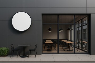 Blank round sign mock up on dark modern restaurant exterior wall with black chairs and table, ideal for branding or copy space in urban style setting. Ai generative