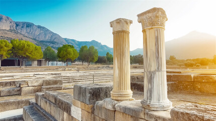 Two ancient marble columns stand prominently at an archaeological site with a mountainous backdrop. A classical and architectural concept with wide copy space.